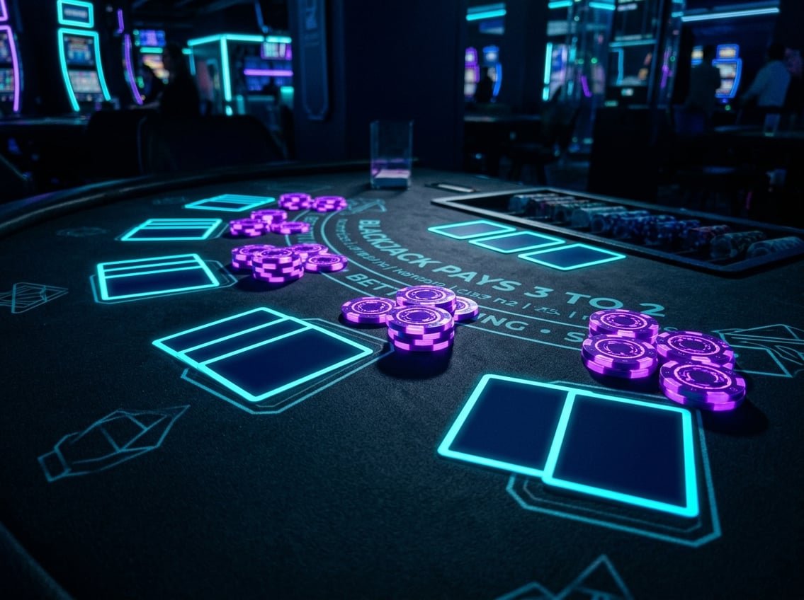 Blackjack table with digital cyan and violet lighting on cards