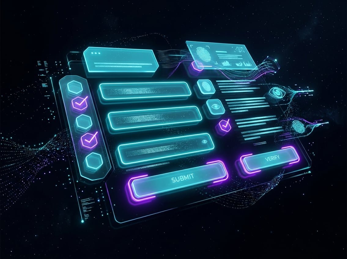 Digital registration interface with cyan and violet UI elements
