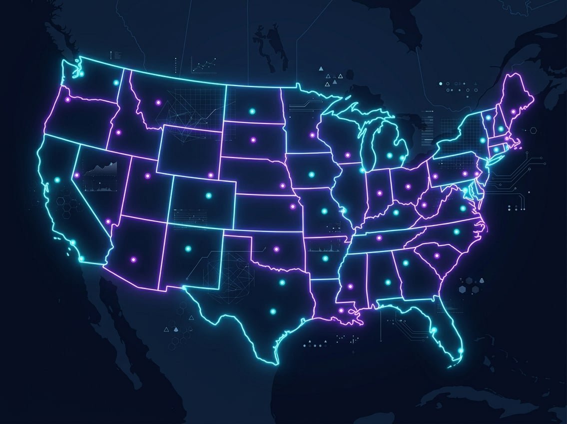 Digital map of US states with data visualization overlay in cyan and violet